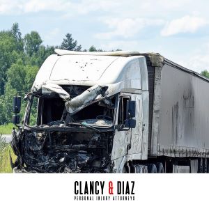A broken down, smashed up truck sitting in the road immobile after an Antioch truck accident