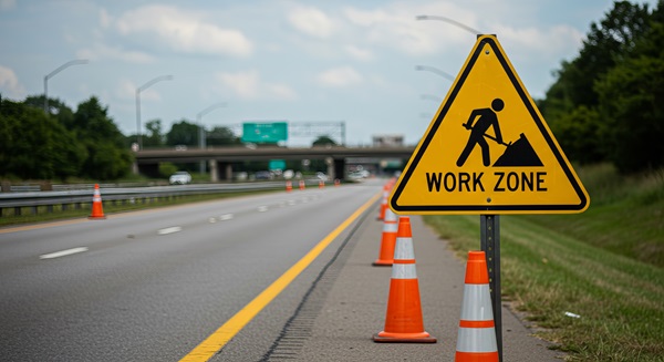 Yellow “Work Zone” sign with construction cones along the shoulder of a highway leading toward an overpass.