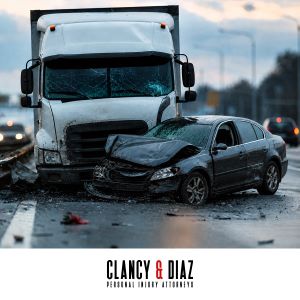 After a truck vs. car accident in Concord, CA, both heavily damaged vehicles sit in the road
