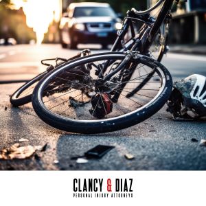 After a bike accident in Concord, a crushed bike and bike helmet lying in the street.