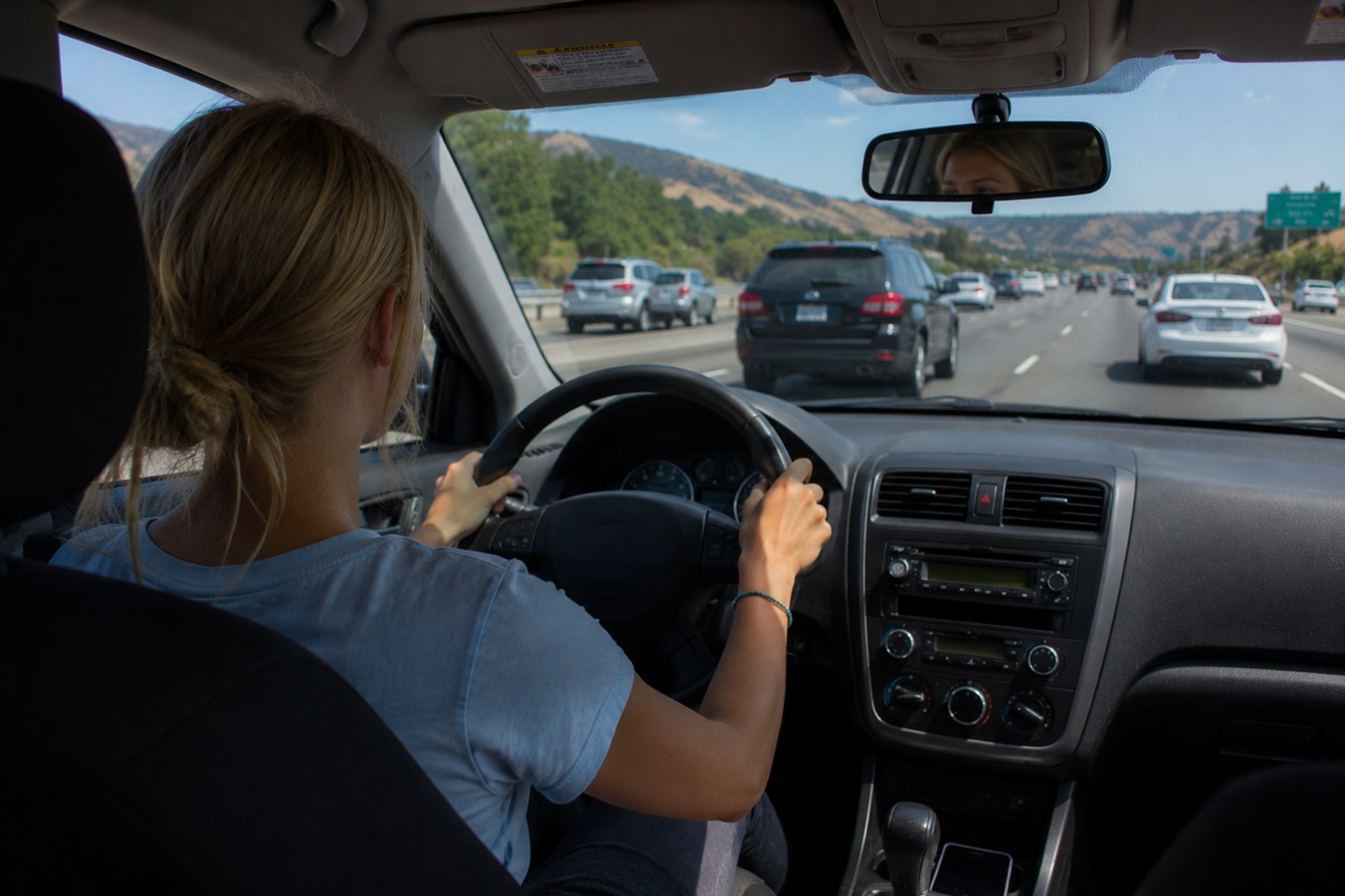 An interior, over-the-shoulder view of a young woman with her blonde hair in a bun driving a sedan on a multi-lane highway, keeping both hands securely on the steering wheel while navigating moderate daytime traffic behind an SUV and other cars with rolling hills visible in the distance.