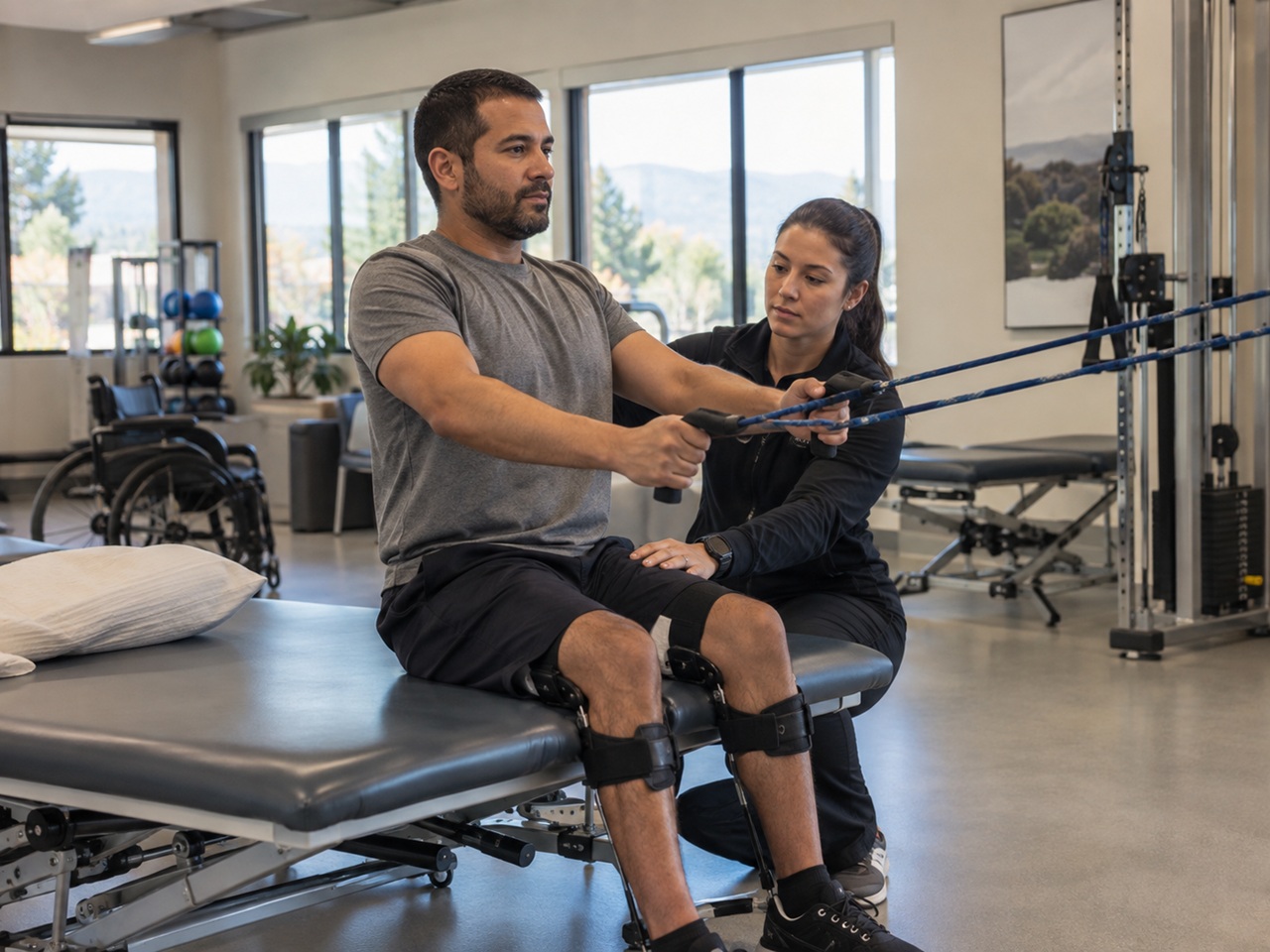 A man wearing leg braces doing resistance cable exercises with a physical therapist in a California rehabilitation gym, illustrating the ongoing treatment factored into spinal cord injury compensation.